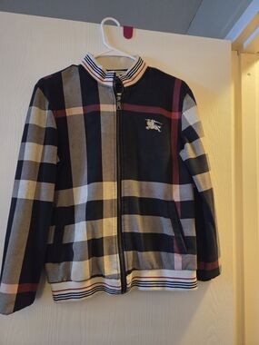 Burberry Navy, Beige & Red Plaid Bomber Jacket